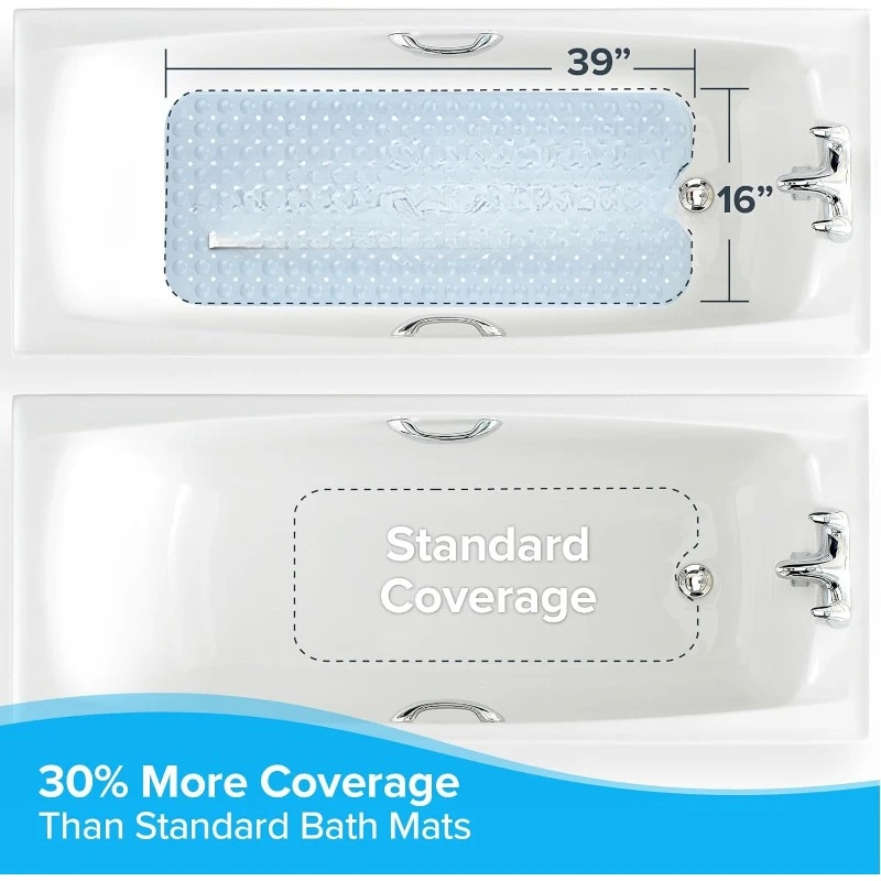 Extra Long Bath Tub 39x16, Wet Floor Non-Slip, 30% Longer Bathtub Mats, 200 Suction Cups, Drain Holes, Machine Wash, Gray