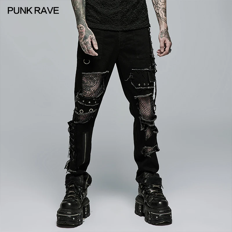 

PUNK RAVE New Men's Punk Rock Broken Hole Net Black Long Trousers Gothic Casual Male Motocycle Cotton Denim Pants Visual Kei