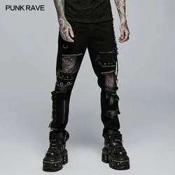 PUNK RAVE-Pantalones largos de algodón para hombre, pantalón informal, gótico, Punk, Rock, con agujeros rotos, color negro, para motocicleta, nuevo