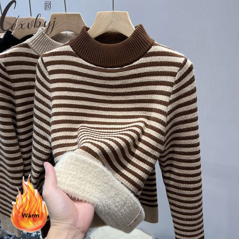 Fleece Lined Stripe Sweater Women Vintage Mock Neck Knitted Bottoming Pullover Autumn Winter Korean Long Sleeve Knitwear Jumper