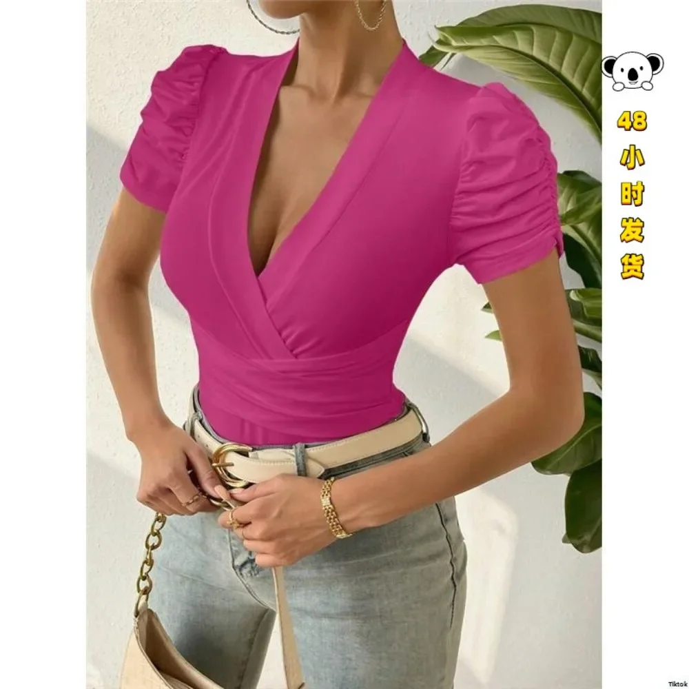Women Ruched Sleeve Cinched Waist Triangle Cutout Jumpsuit Slim Fit Solid Color Casual Daily Office Work Streetwear Chic New