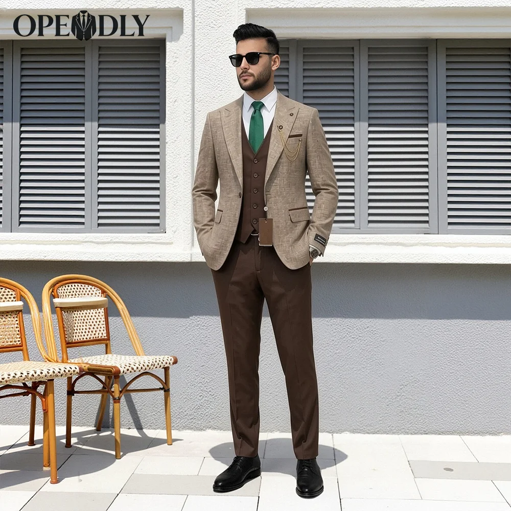 

Customizable Men's 3 Piece Suit, Khaki Blazer Brown Vest Pants Set Slim Fit Formal Business Wedding Groom Prom Party Tuxedo