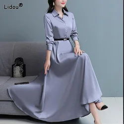 Elegant Fashion New Office Lady Solid Color Turn-down Collar Dresses Empire Long Sleeved Slim Belt Women's Clothing 2022
