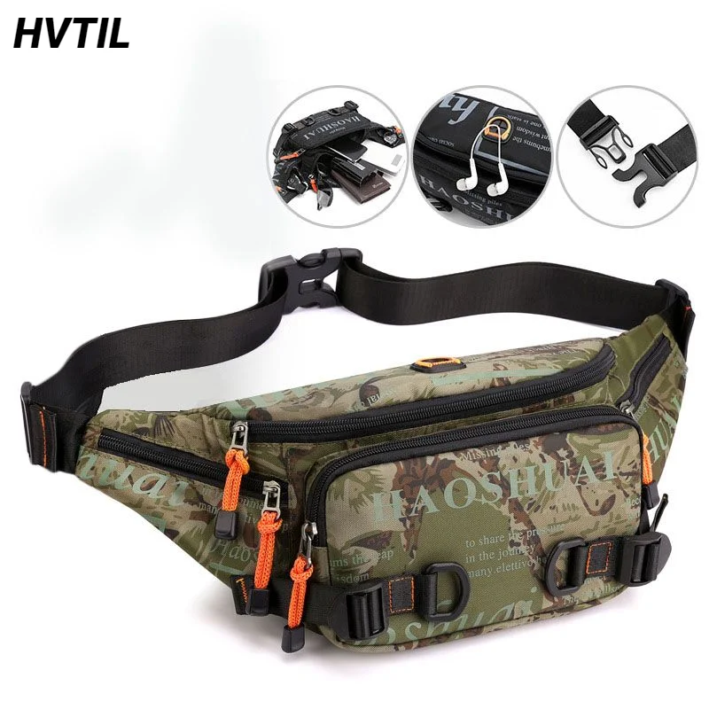 HVTIL Hip Belly Banana Bum Chest Belt For Men Waist Bag Nylon Waterproof Travel Tools Crossbody Bag Headphone Jack Fanny Pack