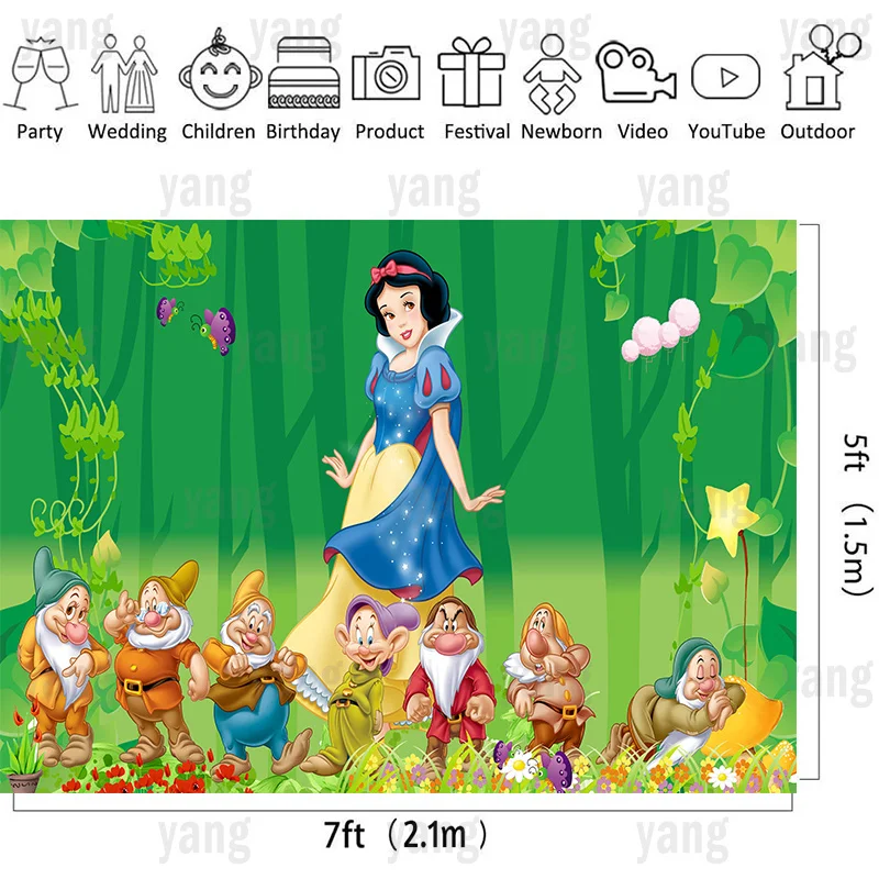 Disney Princess Wedding Castle Blue Sky Grassland Snow White 7 Dwarfs Backdrop Girls Birthday Party Baby Shower Banner