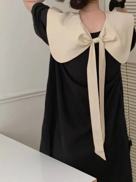 Hebe Style Doll Collar Black Dress Women plus Size Summer Design  Knot Slimming Tummy Covering Dress Korean Version