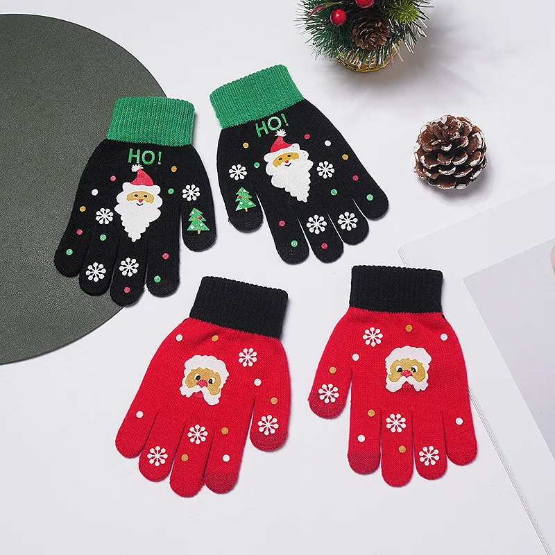 

1Pairs Red Christmas Gloves Women Knitted Autumn Winter Snowflake Santa Mittens Printing Pattern Full Finger Skiing Gloves