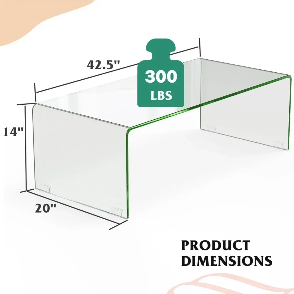 42.5" L × 20" W ×14" H, เฟอร์นิเจอร์บ้านสไตล์โมเดิร์น, โต๊ะท้ายกระจกนิรภัยใส, โต๊ะน้ําตกขอบโค้งมน