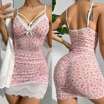 Image Dress patterned suspender pajama short skirt cute and sexy robe femmes Japanese mori dress sexy costume women Female clothing