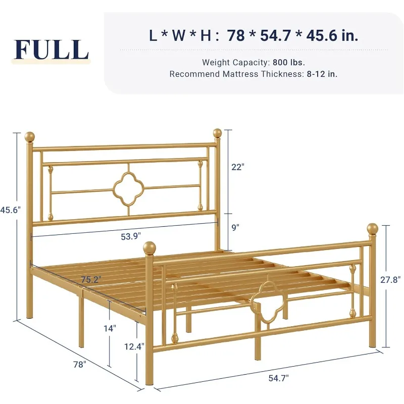 Full Size Metal Platform Bed Frame with Victorian Vintage Headboard and Footboard/Mattress Foundation/Under Bed Storage