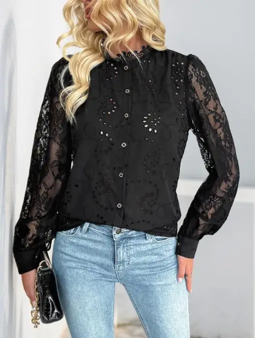 Outono cor sólida em torno do pescoço renda retalhos único breasted camisa para mulher, elegante e casual oco para fora camisa de manga comprida