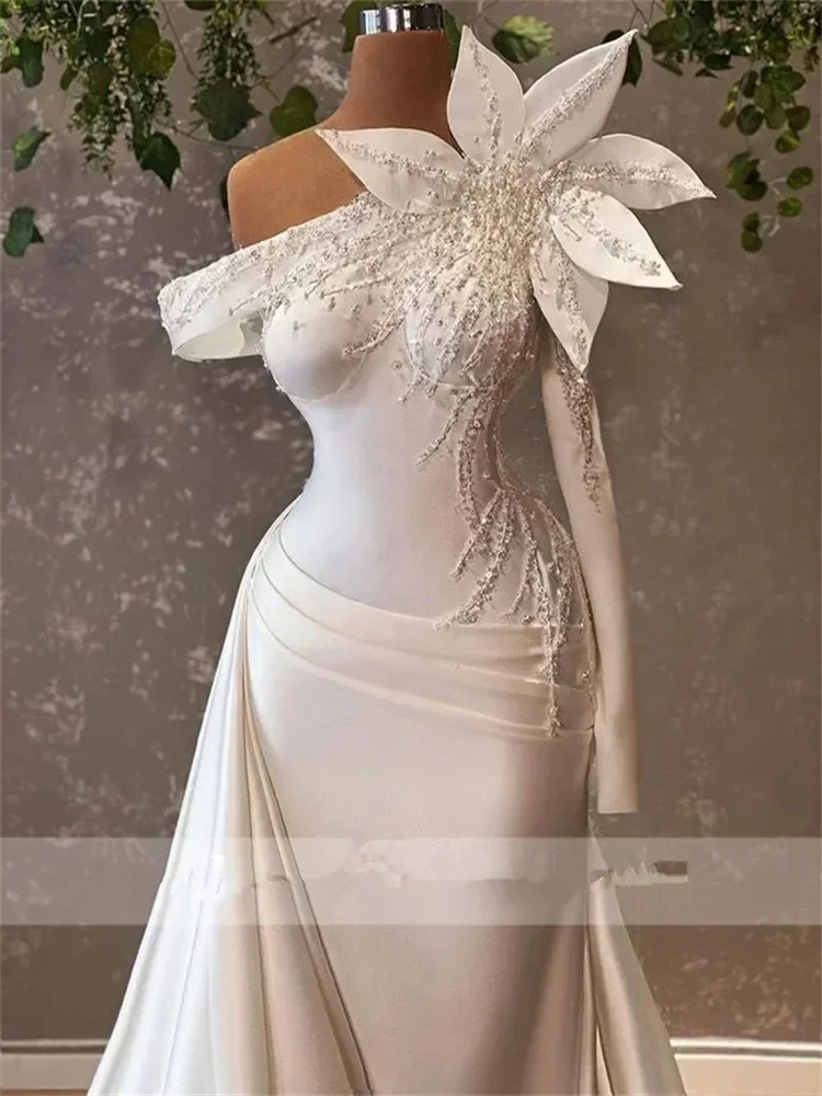 Customized One Long Shoulder Appliques Bead Mermaid Wedding Dress with Removable Skirt Satin Pleated Robe De Mariée Bridal Gown