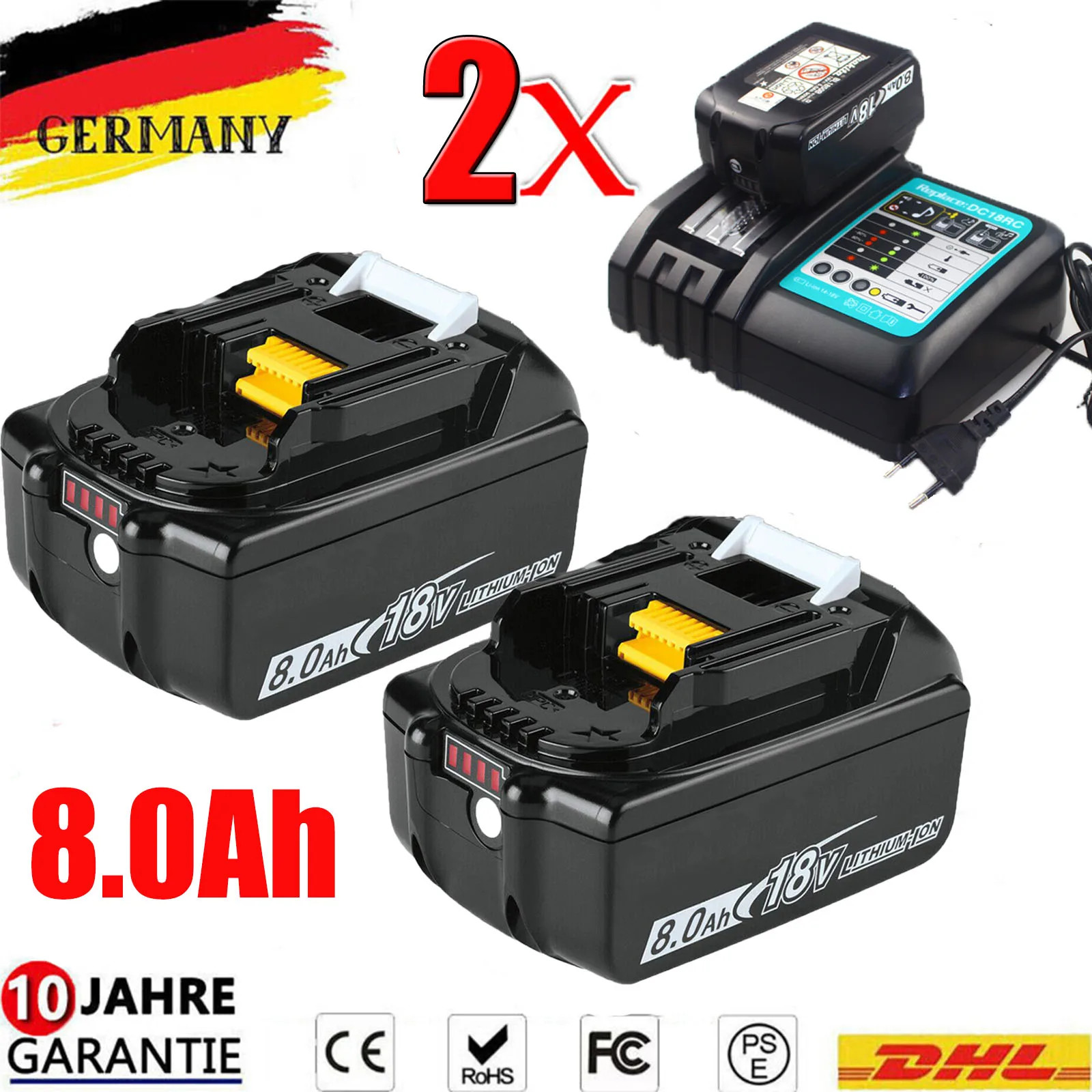2x 18V 8.0Ah Reemplazar para batería Makita 18V Li-Ion Batería BL1860B BL1850B BL1830 Batería de repuesto 97422-4 DHL