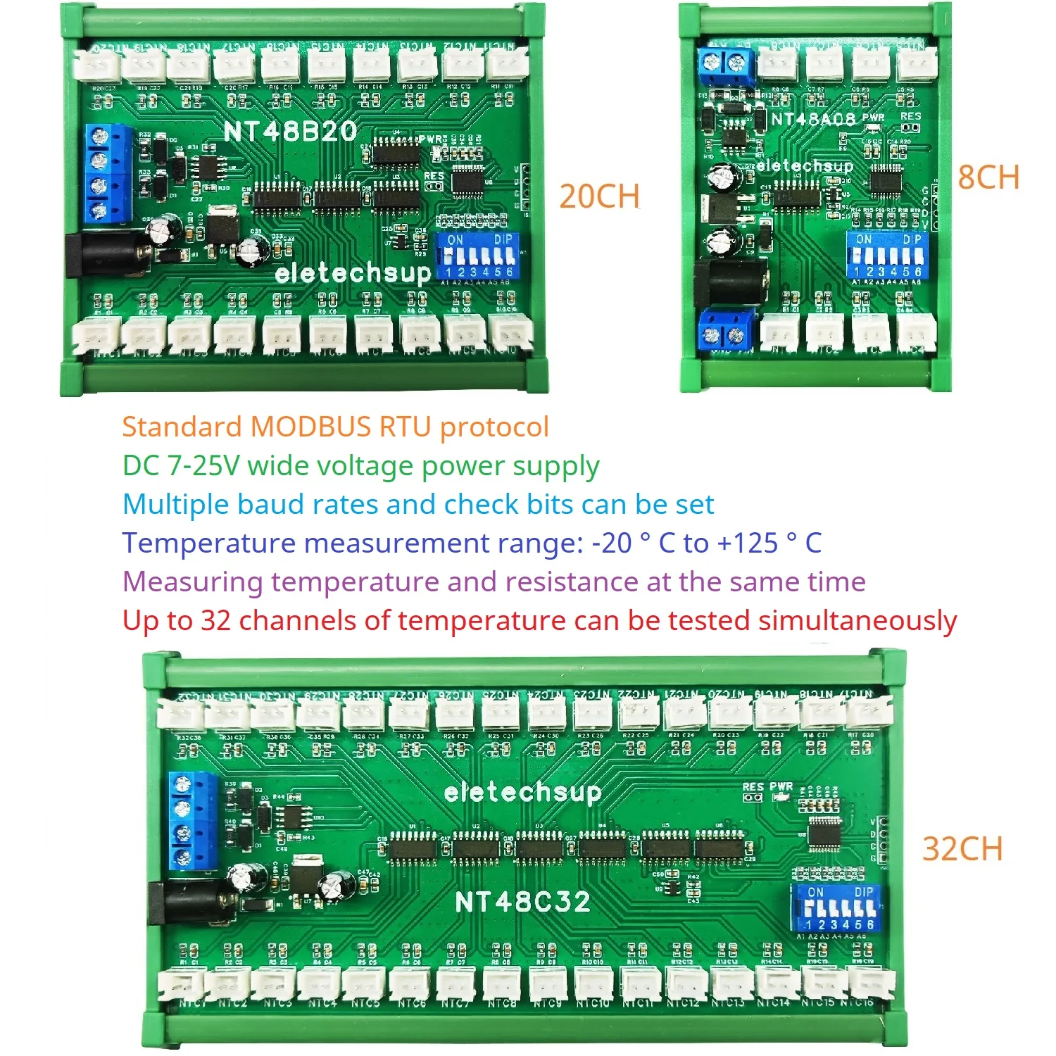RS485 NTC Temperature Collector PLC Analog Acquisition Board Resistance Meter Passive Switch On/Off Detection 8-32CH DC 12V 24V