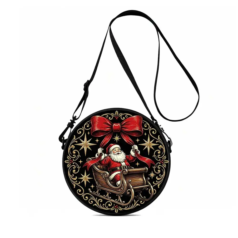 Santa sleigh ride Print Round Women Shoulder Bag, leisure crossbody purse, 2D flat, retractable strap, practical gift