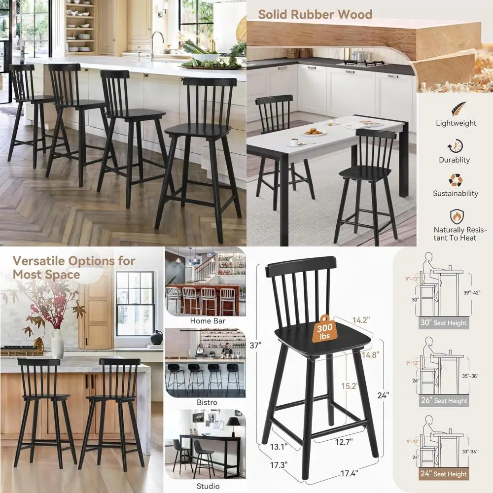 

Farmhouse Style 24" Counter Height Wooden Bar Stools, Set of 4 with Spindle Back, Black for Kitchen Island