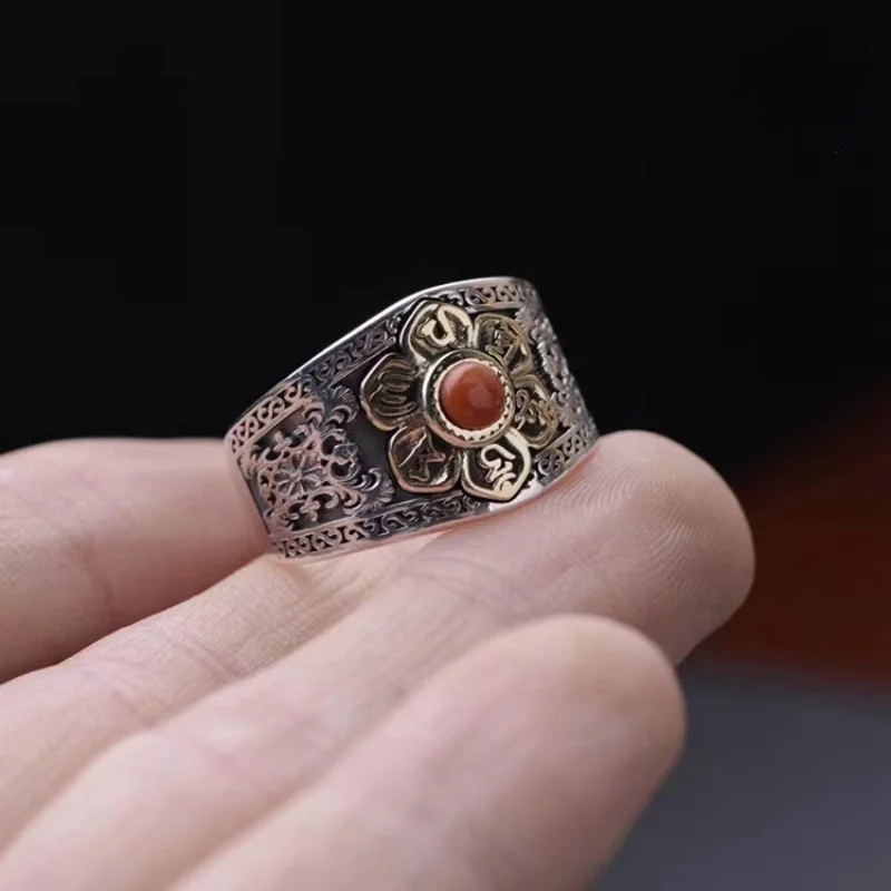 Buyee 925 Sterling Silver Flower Ring Finger Natural Carnelian Open Ring for Woman Fashion Ethnic Fine Jewelry Circle with Box