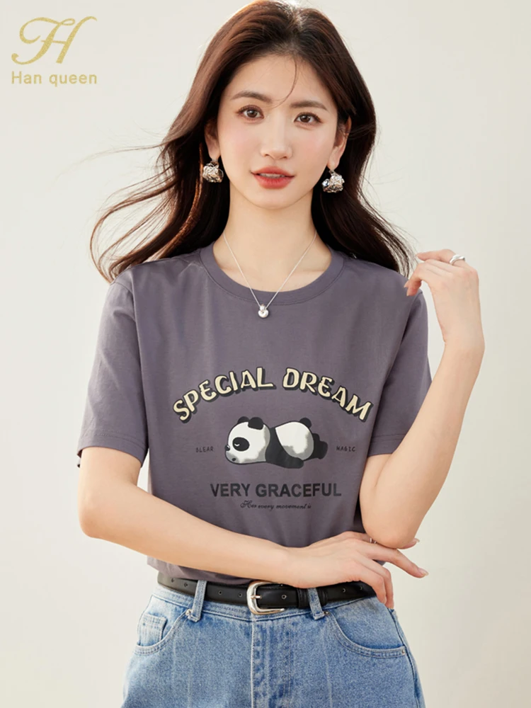 H Han Queen Dames T-shirts Vintage Afdrukken Werk Casual Losse Zomer Tees Chique Koreaanse Populaire Kleding Korte Mouw Crop Tops