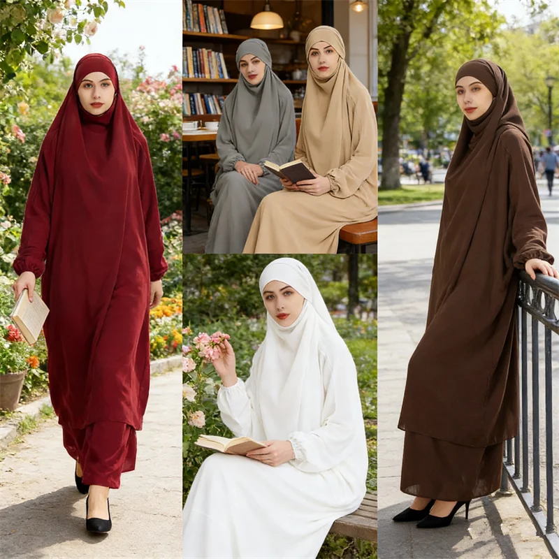 

2PCS Muslim Women Overhead Khimar Abaya Eid Hooded Burqa Niqab Skirt Islam Prayer Garment Hijab Dress Djellaba Jalabiya Kaftan
