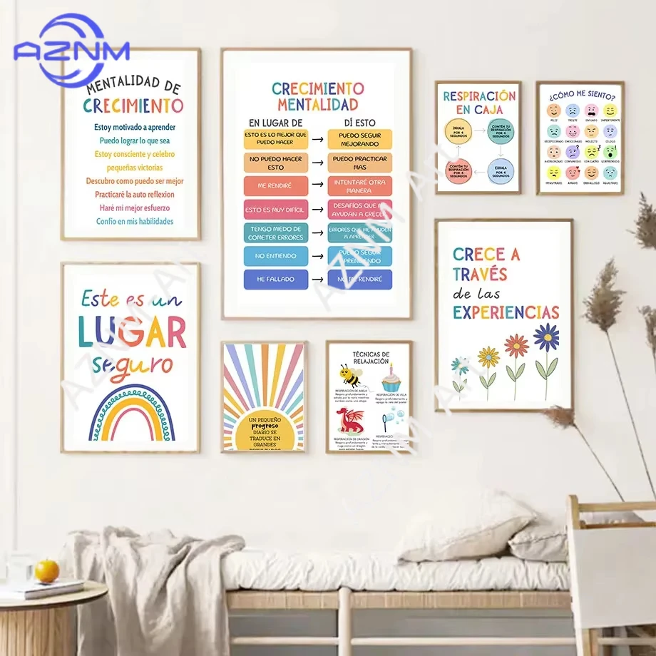 1Pc Spanish Growth Mindset Social Worker Room Decor Counselor Therapy Poster Canvas Wall Art Mental Health Classroom Quotes