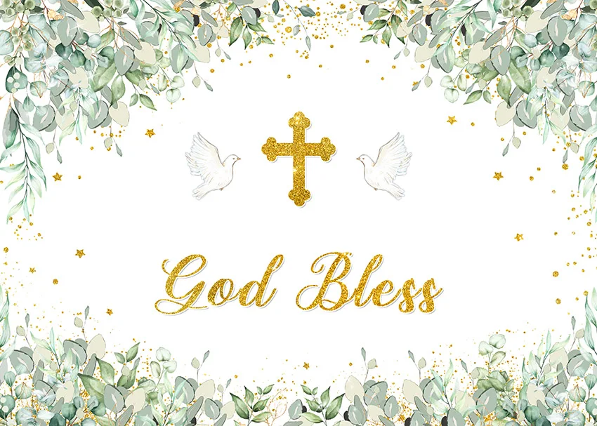 Mehofond God يبارك خلفية المعمودية الذهبي الصليب الأخضر يترك الاطفال صبي فتاة حفلة أول المناولة المقدسة خلفية التعميد