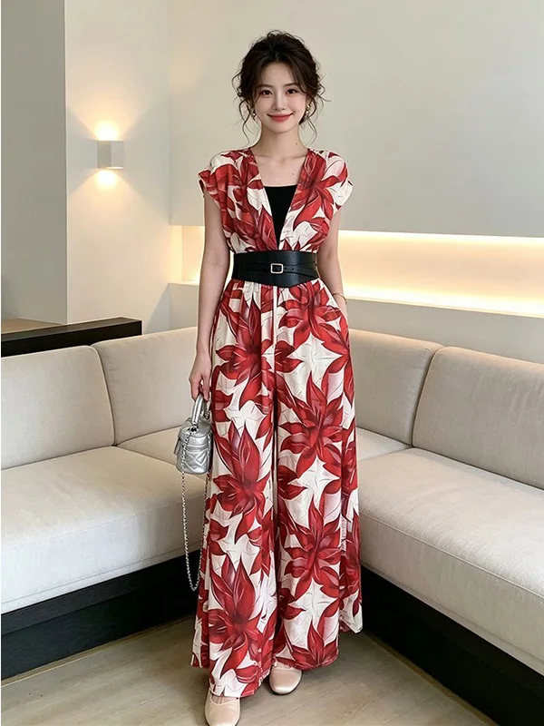 Retro Stylish V-Neck One-Piece Pants Women's Summer New Unique Design Print Wide Leg Pants Slimming High Waist Long Pants