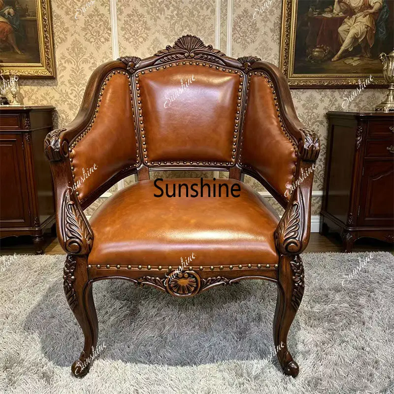 American solid wood carving flower sofa chair living room single leisure chair retro balcony chair