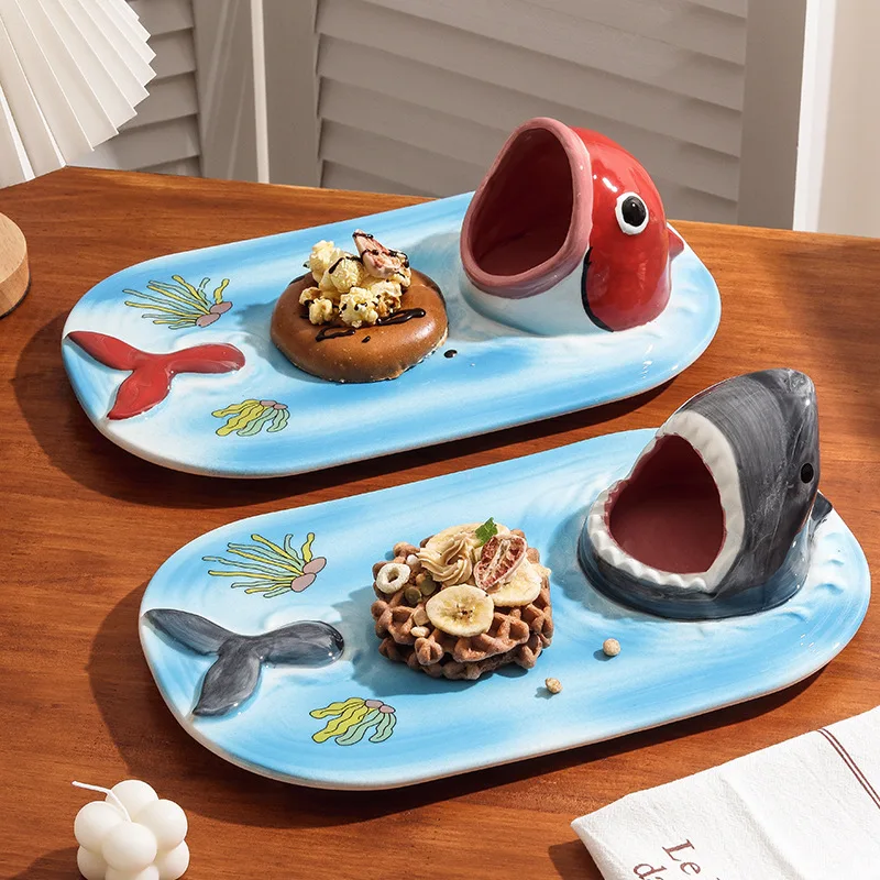Funny Big Mouth Shark Plate Cartoon Ceramic Fries Dipping Sauce Vinegar Plate Household Dumplings Salmon Sushi Plate