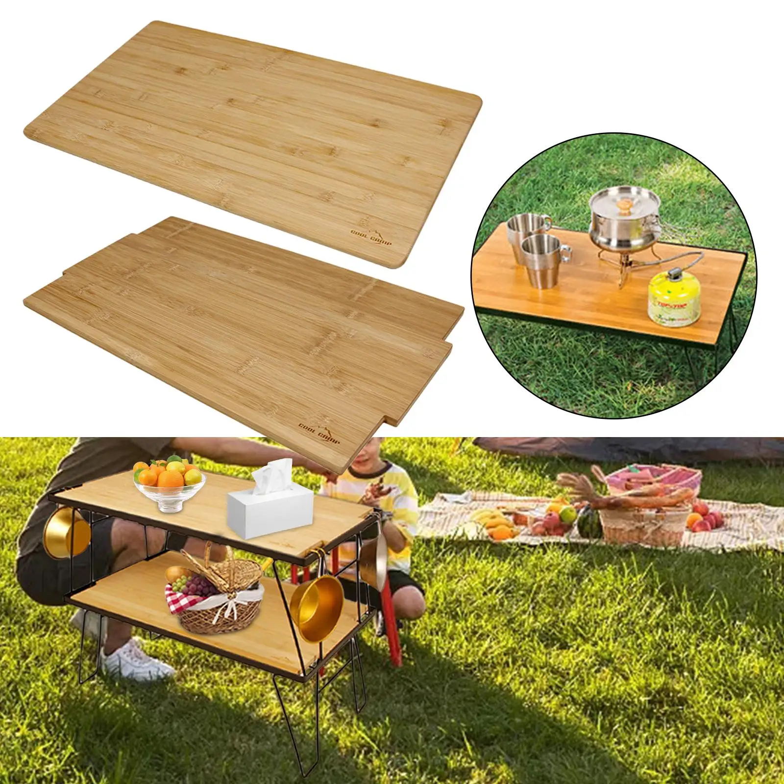 Mesa de acampamento dobrável multifuncional, cremalheira de armazenamento, placa de madeira de bambu, churrasco para mochila, piquenique, caminhadas