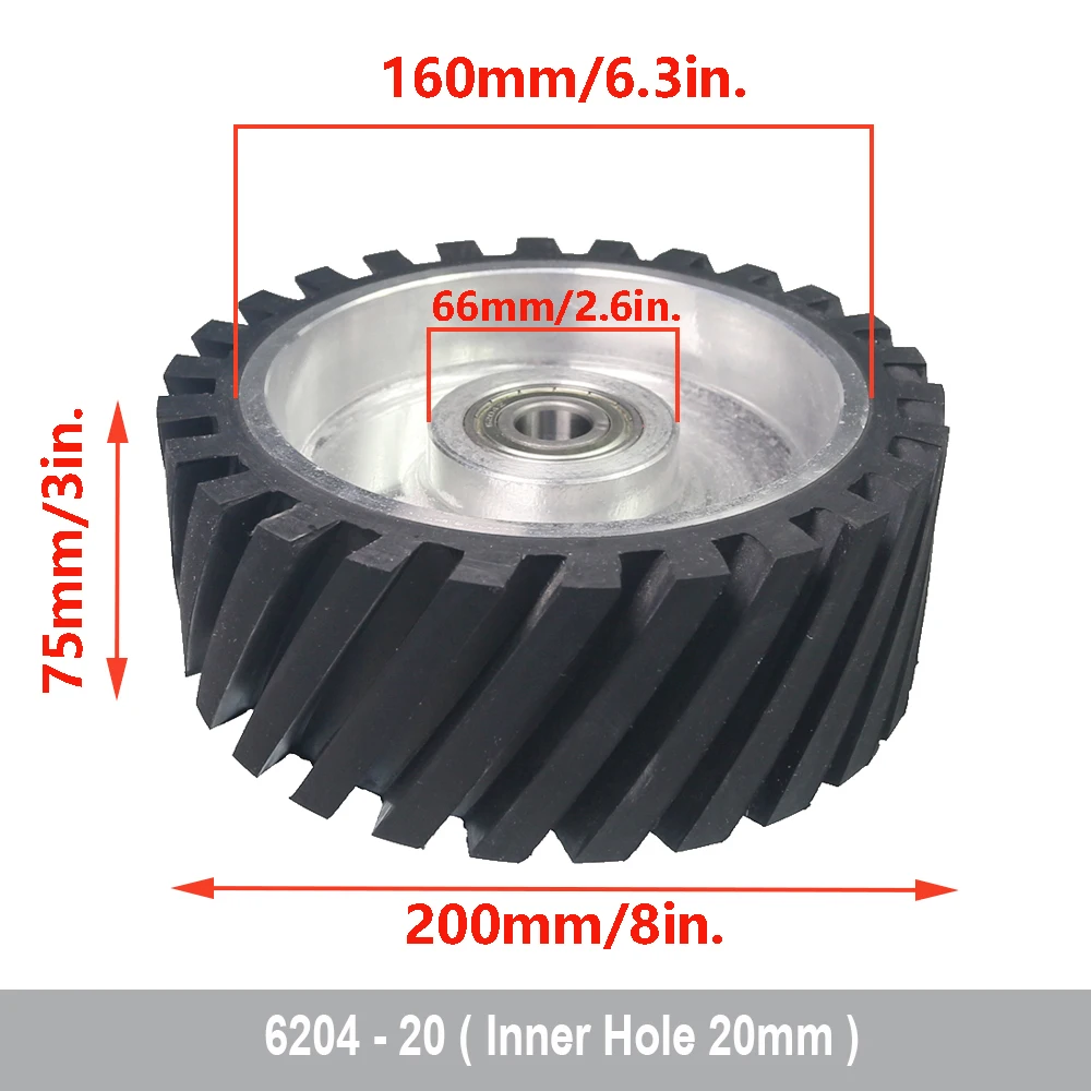 200 * 75 mm gekarteld rubberen contactwiel Dynamisch gebalanceerde riemslijper achterbank spanwiel