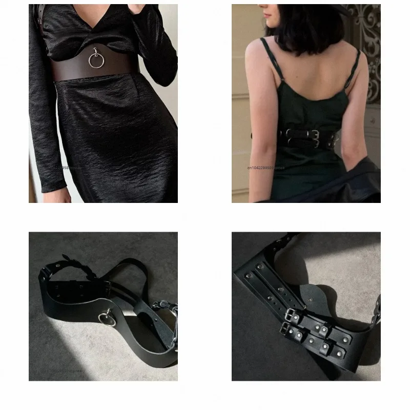 Women Gothic Faux Leather Waist Harness Wide Curved Corset Belt Metal Ring Adjustable Shoulder Straps Punk Rock Club Belts 2026