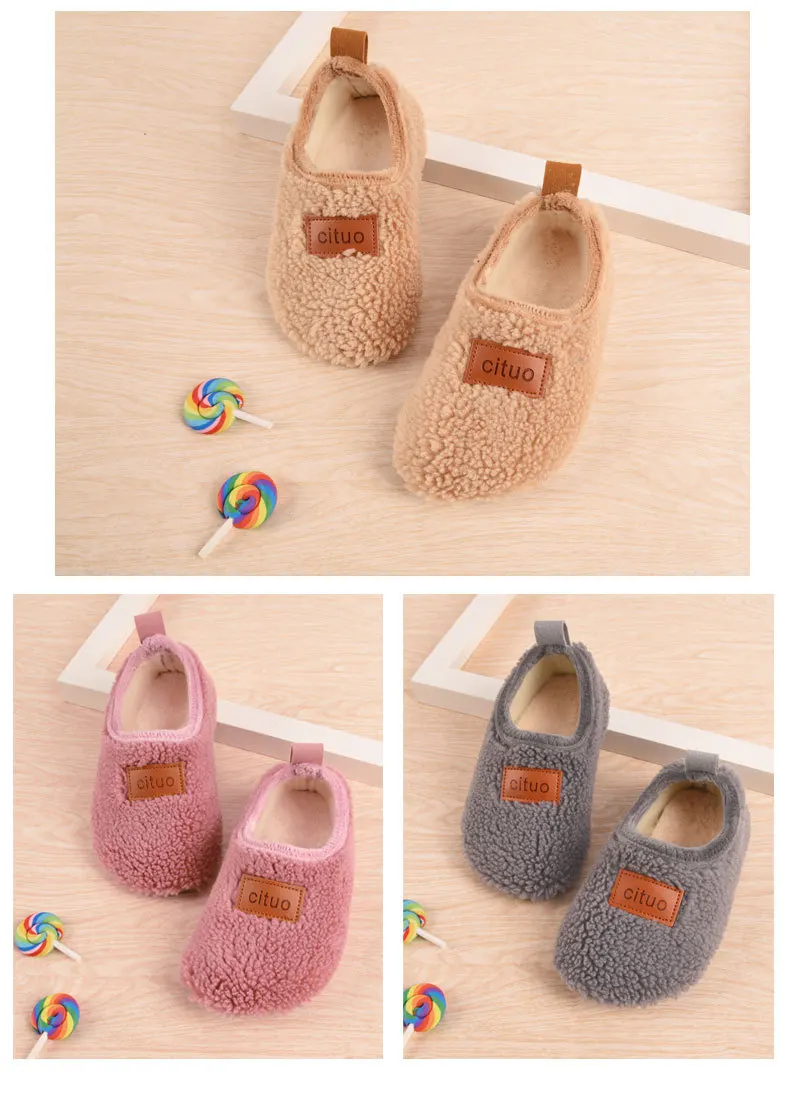 Kinder Baumwolle Hausschuhe Solide Warme Kinder Winter Hause Schuhe Jungen Mädchen Plüsch Boden Schuhe Indoor Weiche Sohle Anti-slip Baumwolle schuhe – Detail 2