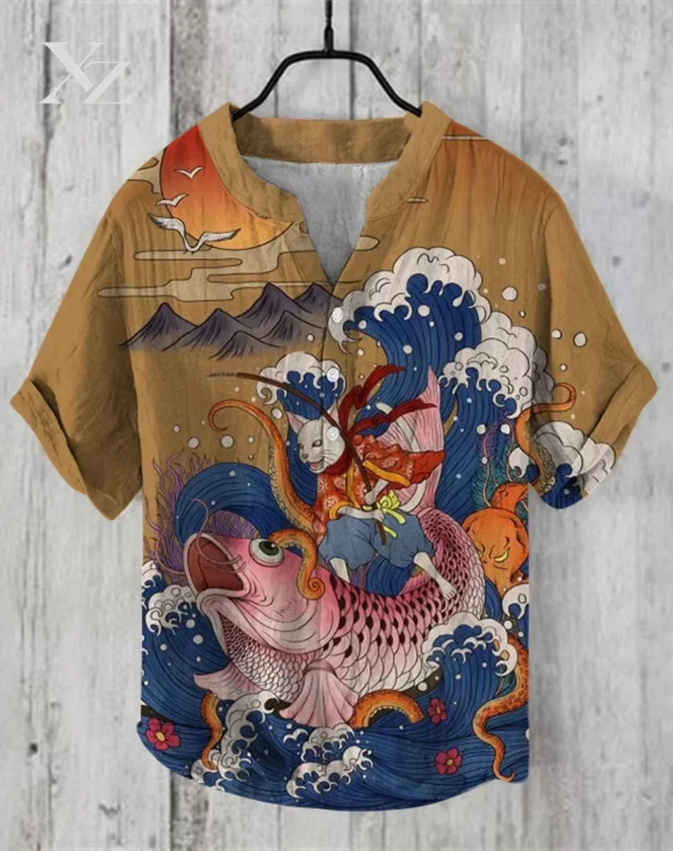Henry Shirt - Men's Short Sleeve Linen Shirt Tops New Summer Casual T-shirt Fish Pattern Print Fashion Clothing Europe