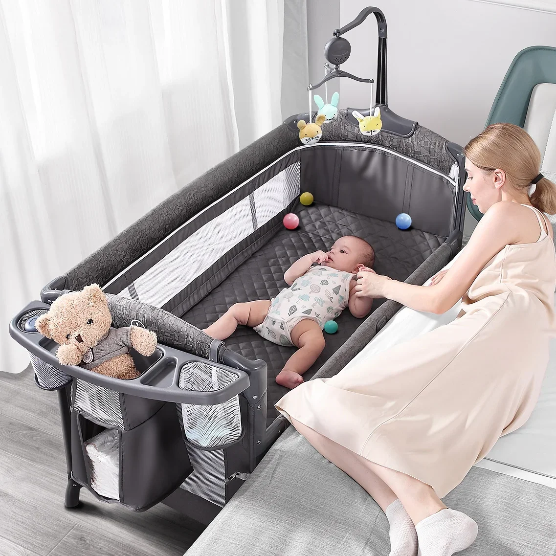 2024 Instock hot sale cheap adjustable tourist bed movable portable baby multi-function crib, suitable for 0-6 years old infants