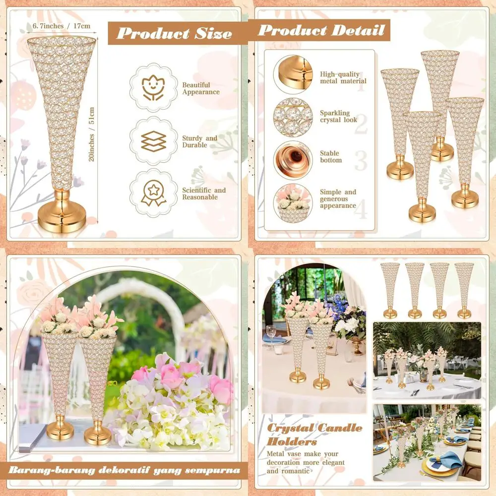 

20-дюймовые хрустальные вазы-трубы для свадебных центральных элементов, классическая золотая элегантность, идеально подходят для праздников и банкетов