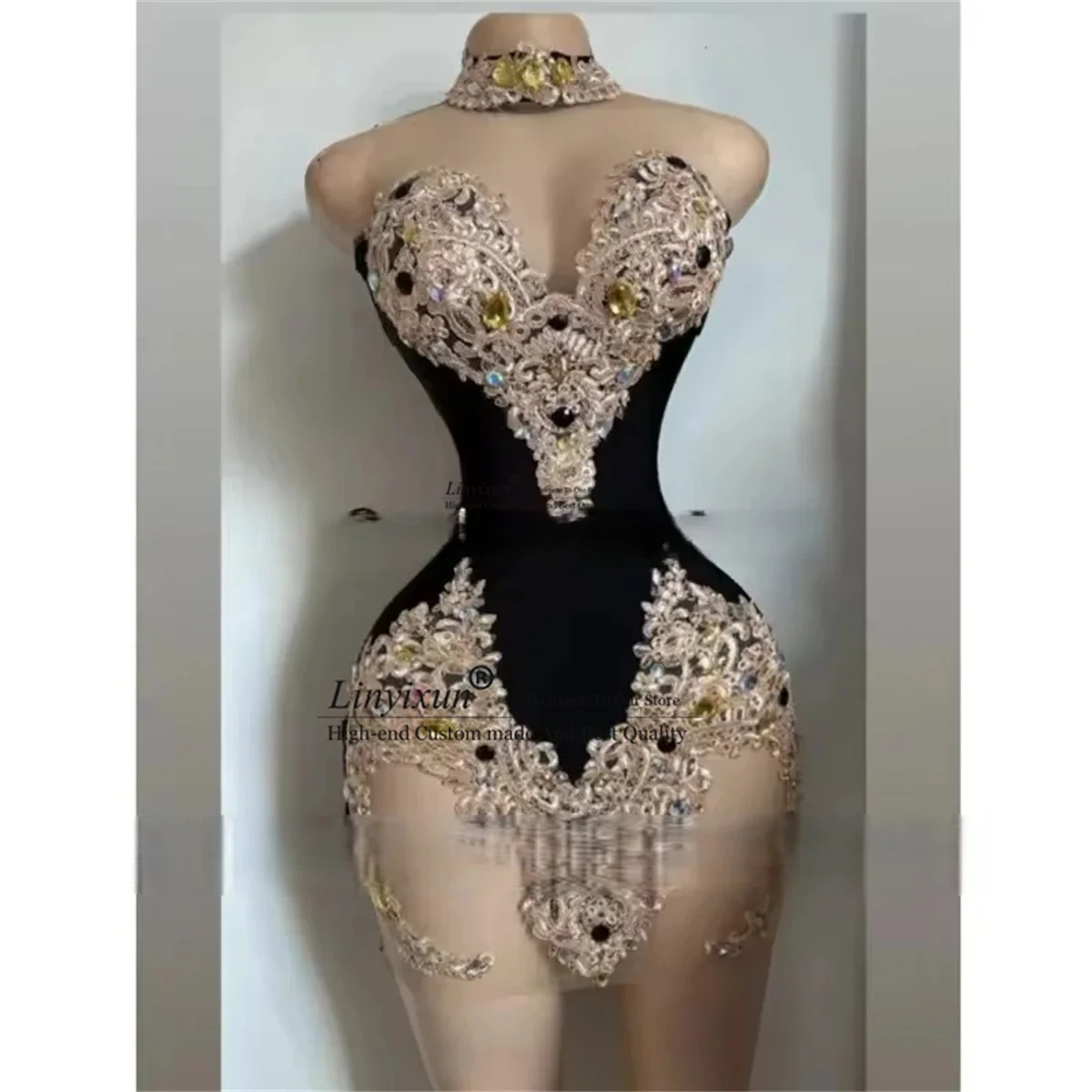 Glitzerndes Spitzen-Minikleid mit Neckholder und Perlen für Geburtstagsfeiern, Cocktailkleid, maßgeschneidertes Club-Nacht- und Heimkehrkleid