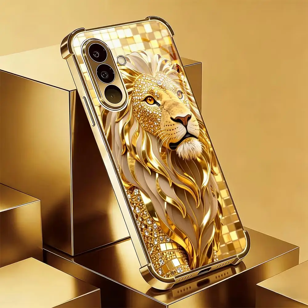 Lion electroplated four corner anti drop glass phone case suitable for Samsung Galaxy S26 S25 S24 S22 S21 S20 FE/Ultra/Plus