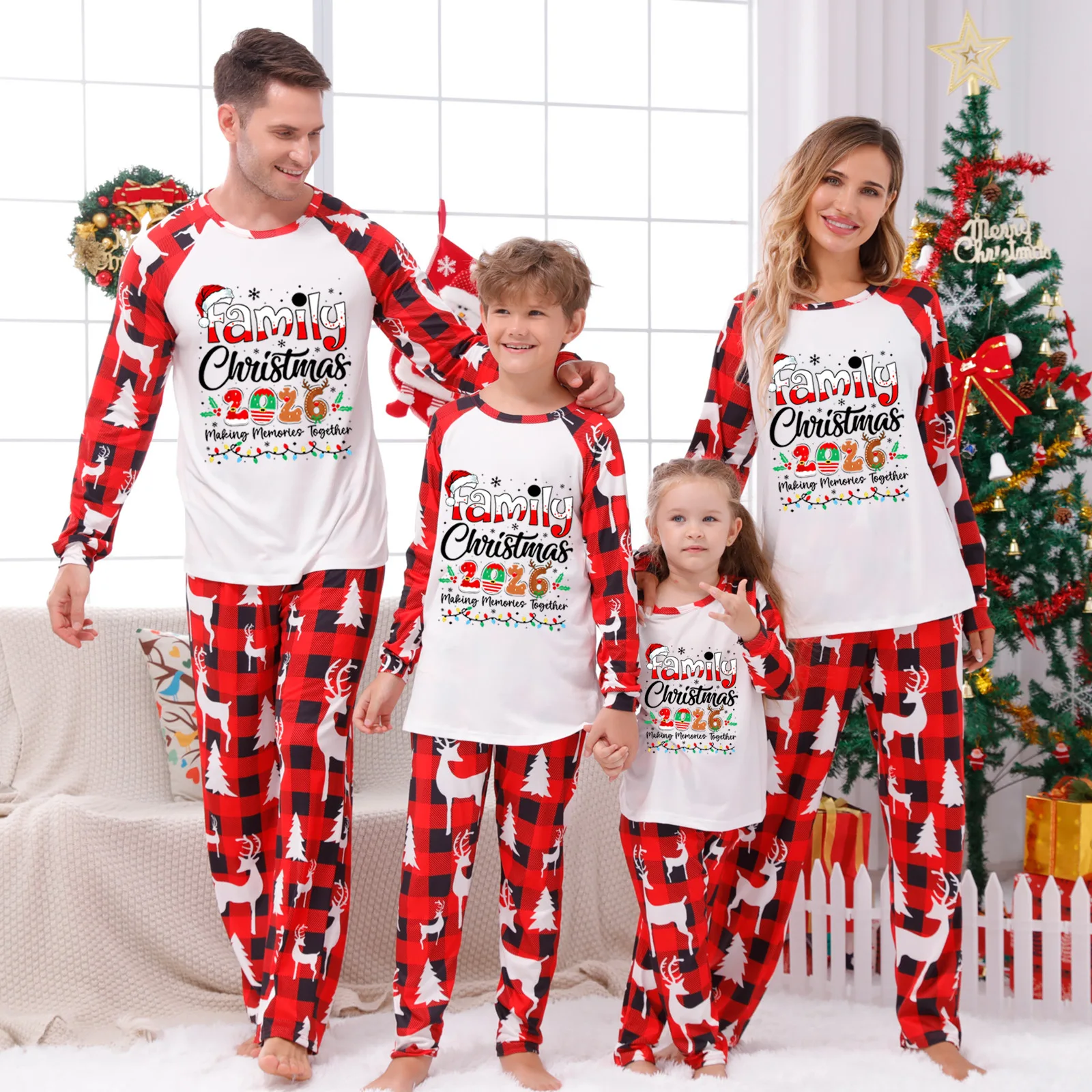 Xmas Gift for Family Photoshoot Party Look Wear Christmas Print Pyjamas Set Adults Kids Matching Outfits Mom Dad Kids 2 Pcs Suit