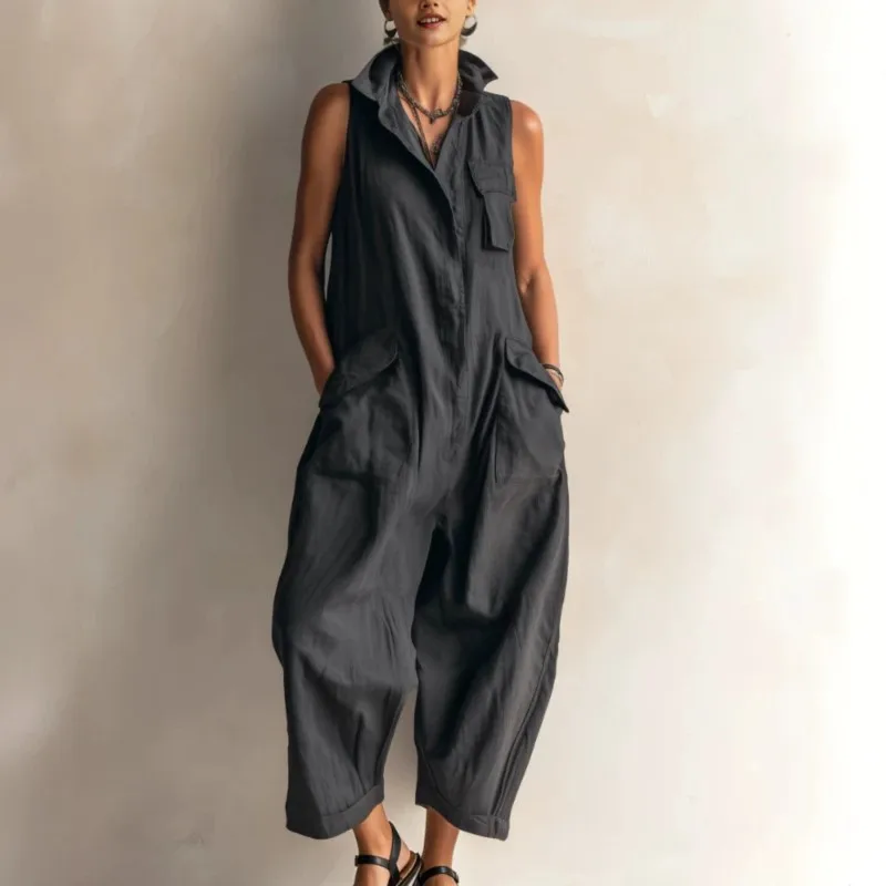 Jumpsuits Women Rompers Summer Fashion Sleeveless Lapel Loose Comfortable Solid Pocket Vacation Casual Jumpsuits Womens Clothing