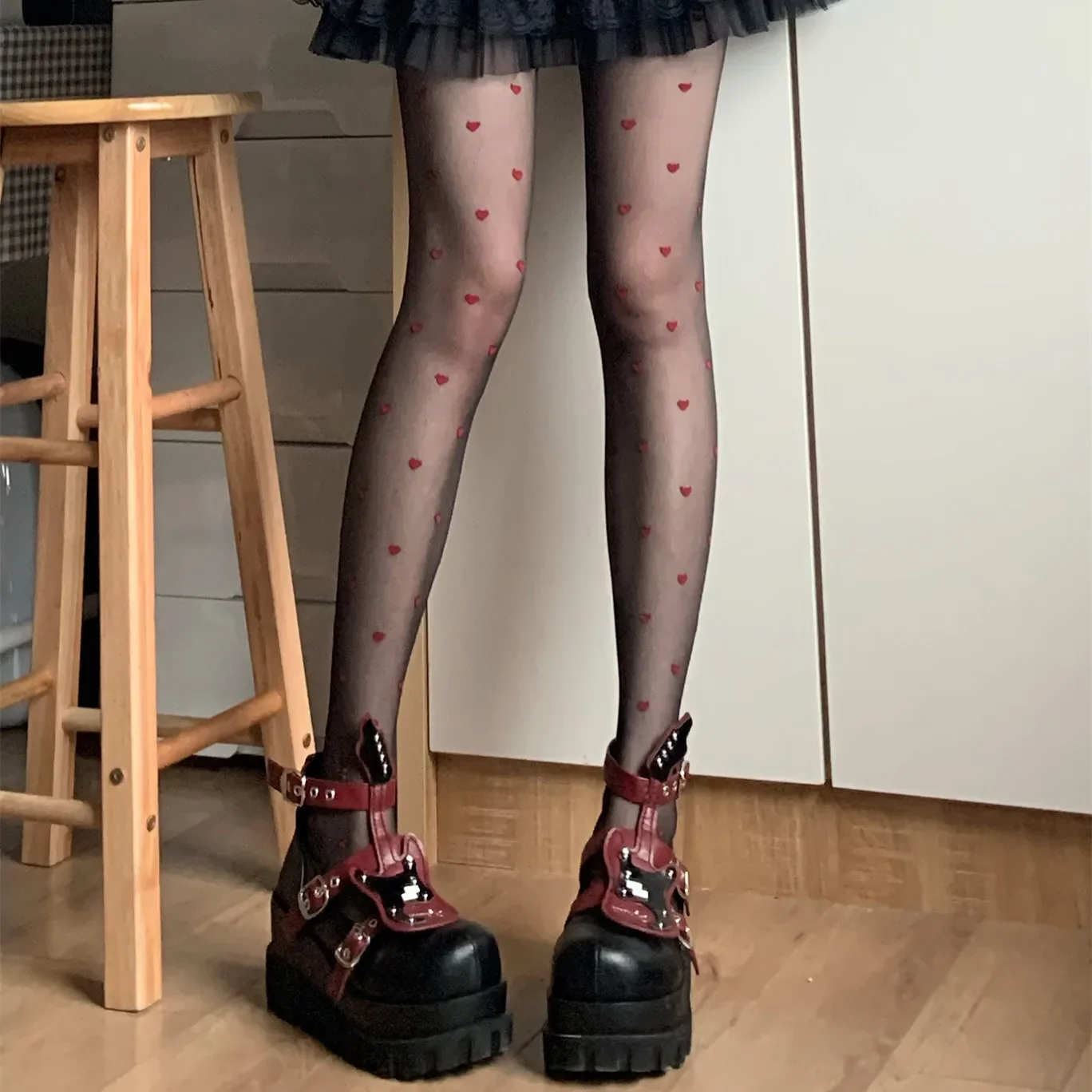 Sheer Kawaii hosiery Ultra thin Medias New JK Lolita Girl Thigh High Pantyhose Red Heart Print Women Tights Nylon Body Stockings
