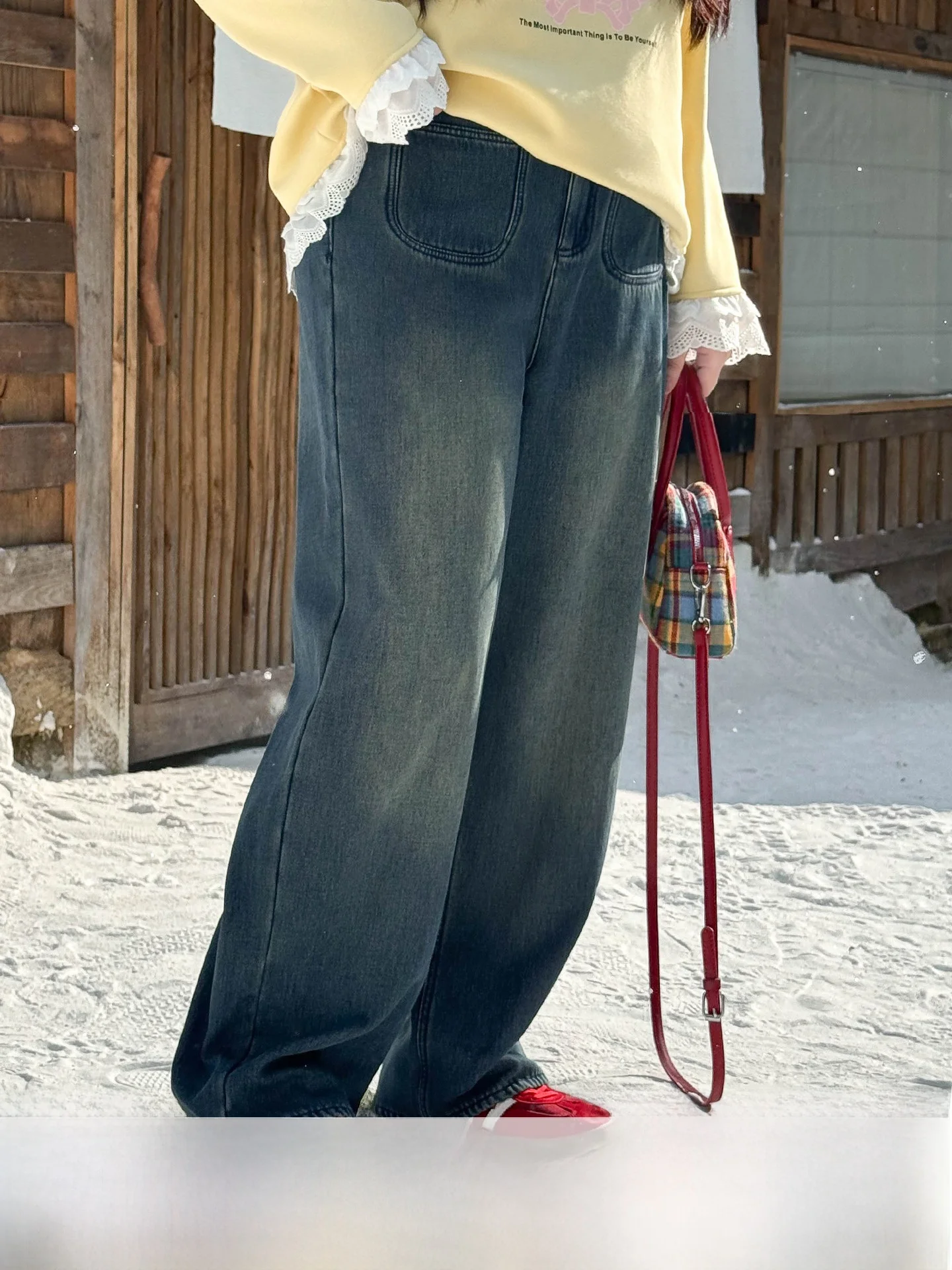 

Джинсы больших размеров для пригородных поездок, 500 г, осень-зима, винтажные широкие брюки с дизайном Fce, высокая талия, хлопок, полиэстер