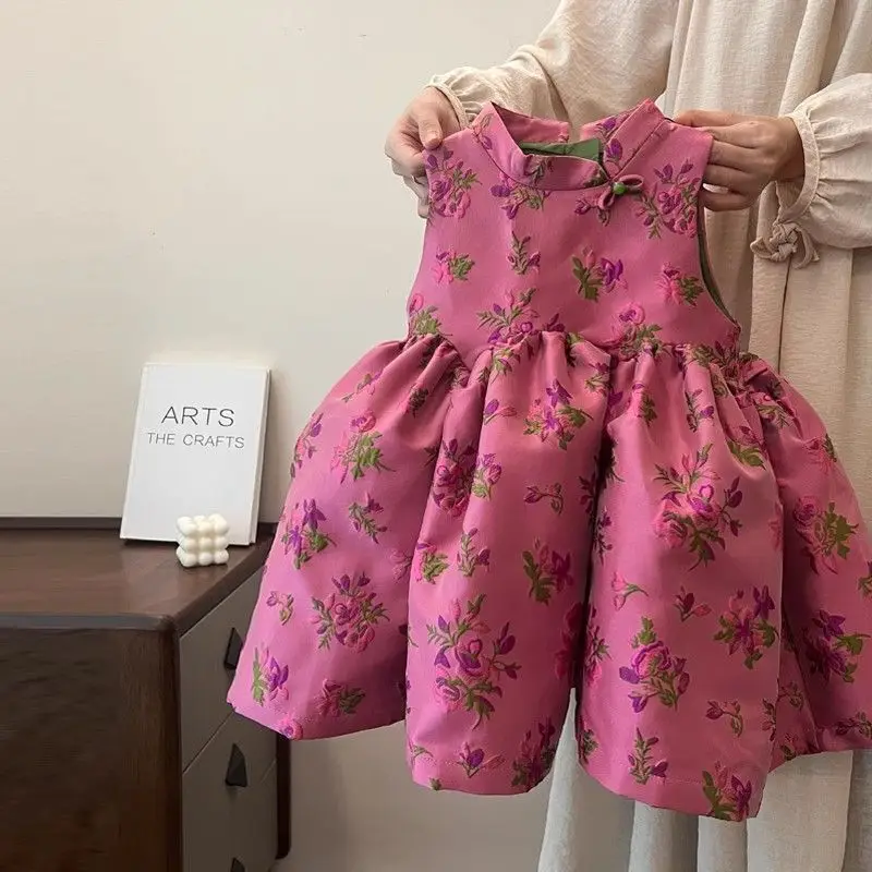 2025 Spring Summer Floral Cheongsam Chinese Style Girls Dress Girlish Princess Vest Dress Fresh Floral Cheongsam Dress