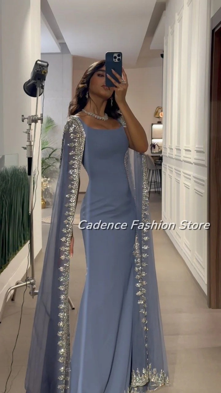 فساتين سهرة زرقاء رائعة مخصصة فاخرة كريستال ذيل السمكة دبي مساء كحلي كم أنيق المرأة العربية حفلة موسيقية شخصية