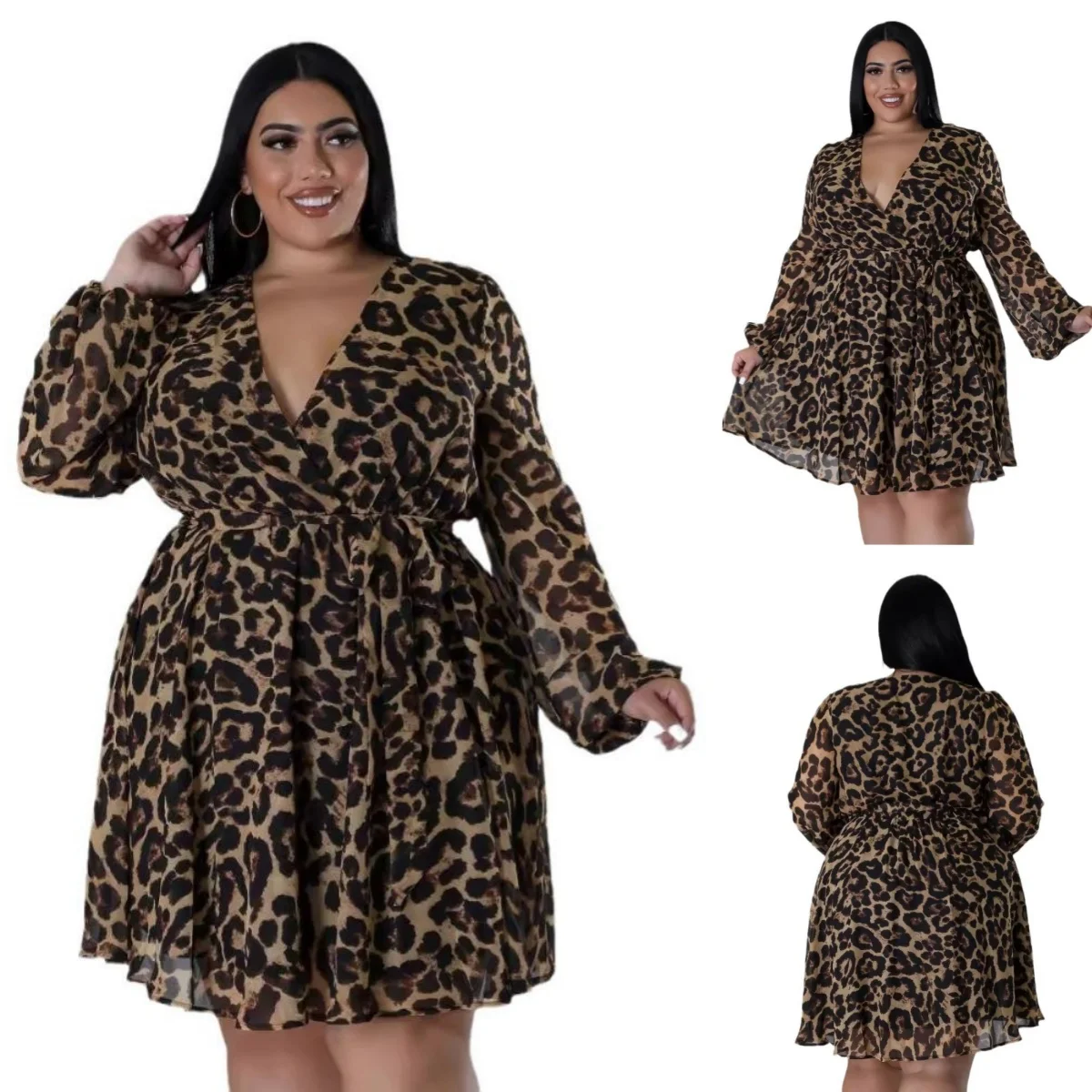 European and American Sexy Women's Clothing Large Size Leopard Print V-neck Long-sleeved Lace-up Shirt Skirt Dress