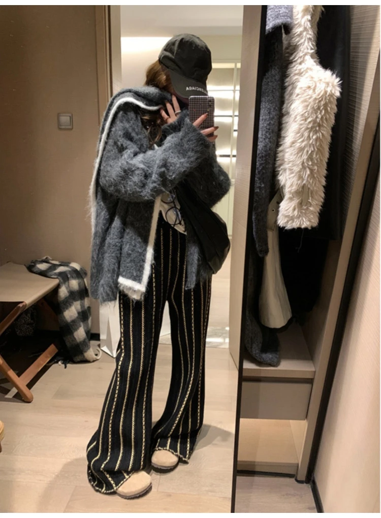 Women Wide Leg Knitted Pants Trousers 2025 Autumn High Waisted Straight Full-length Vintage Fashion Elegant Ladies Pants
