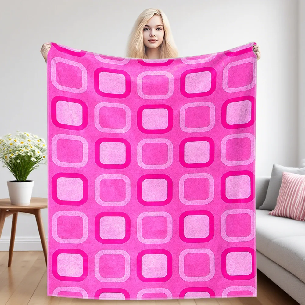Two-Tone Pink Square Grid Printed Blanket Suitable For Sofa Beds, Offices, Travel Camping Chairs, Warm Woolen Blankets