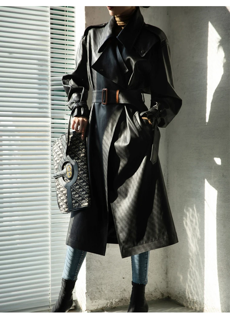 

Spring Autumn Oversized Cool Black Long Leather Trench Coat for Women Belt Long Sleeve Loose European Fashion