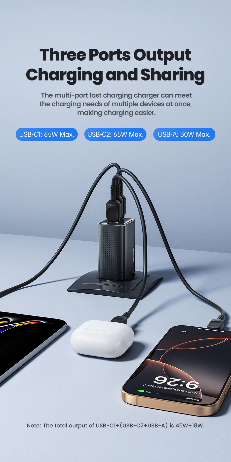 Toocki 65 W GaN USB-Ladegerät Typ C QC4.0 PD3.0 PPS Schnellladung für iPhone 16 15 14 Samsung 24 S23 Xiaomi Huawei Realme Laptop – Detail 3