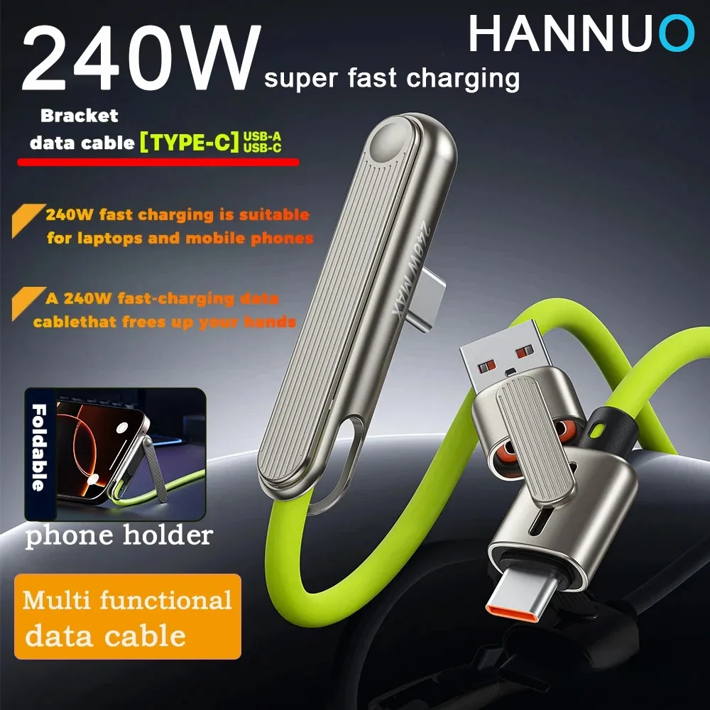 HANNUO Portable 240W Fast Charging Cable 2 In 1 Charging Cable Folding Bracket USB A/C To Type-C Phone Tablet For iPhone Samsung