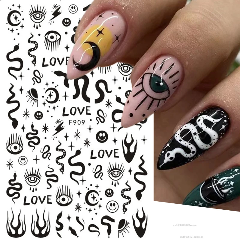 Nail Art Stickers Evil Eyes Snake Black White Sliders for Nails Stars Moon Constellation Decorations Leaves Flowers Decals